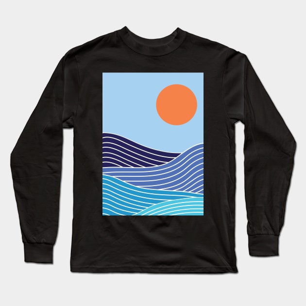 Minimalist Navy Blue Ocean Waves And Sunset Graphic Art Long Sleeve T-Shirt by CityNoir